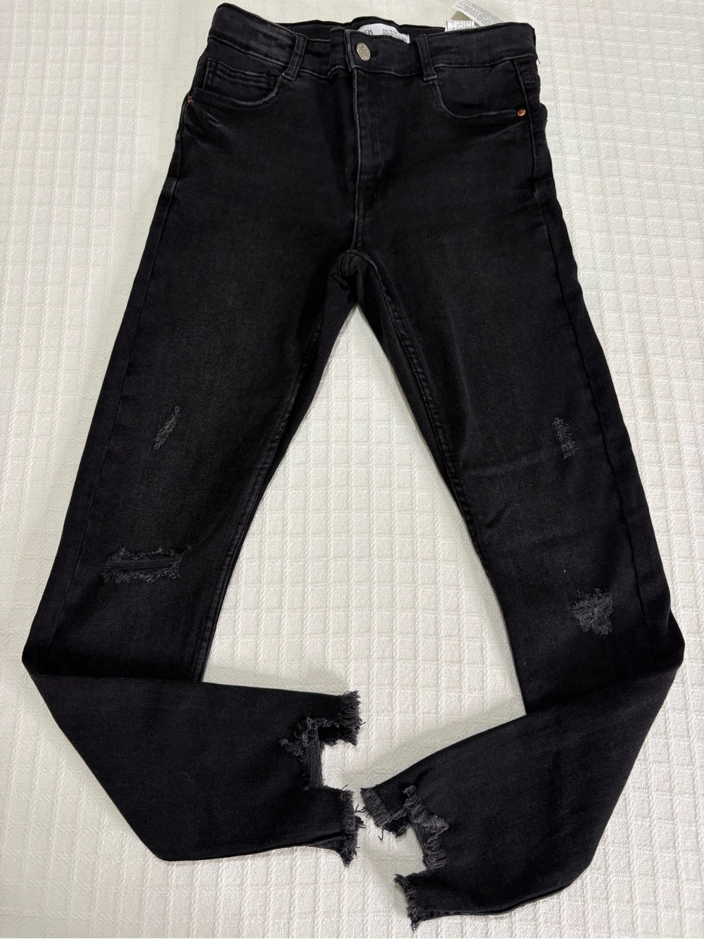 Zara Black Skinny Ripped Jeans with Frayed Ankles